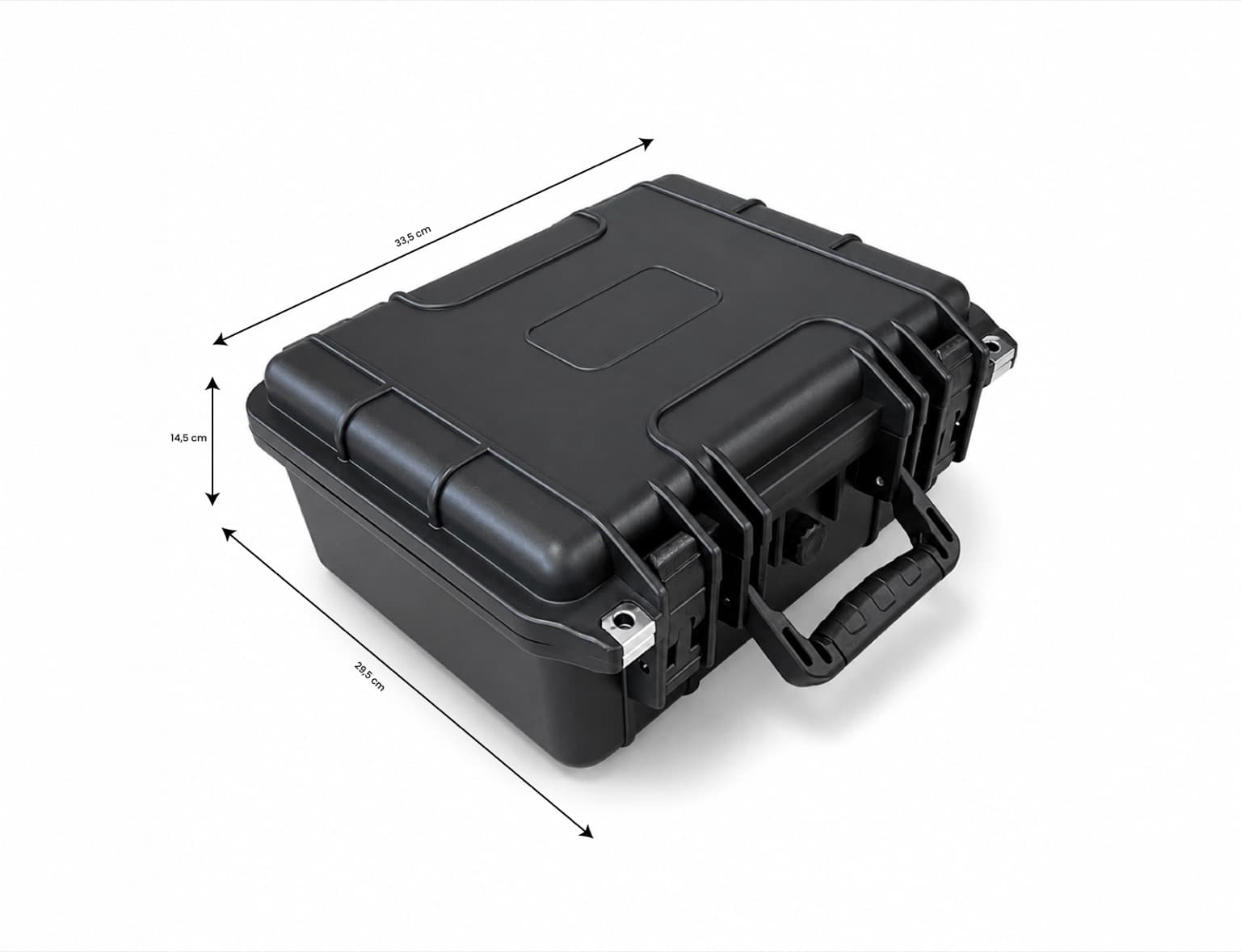 Flightcase external dimensions: 33.5 × 29.5 × 14.5 cm