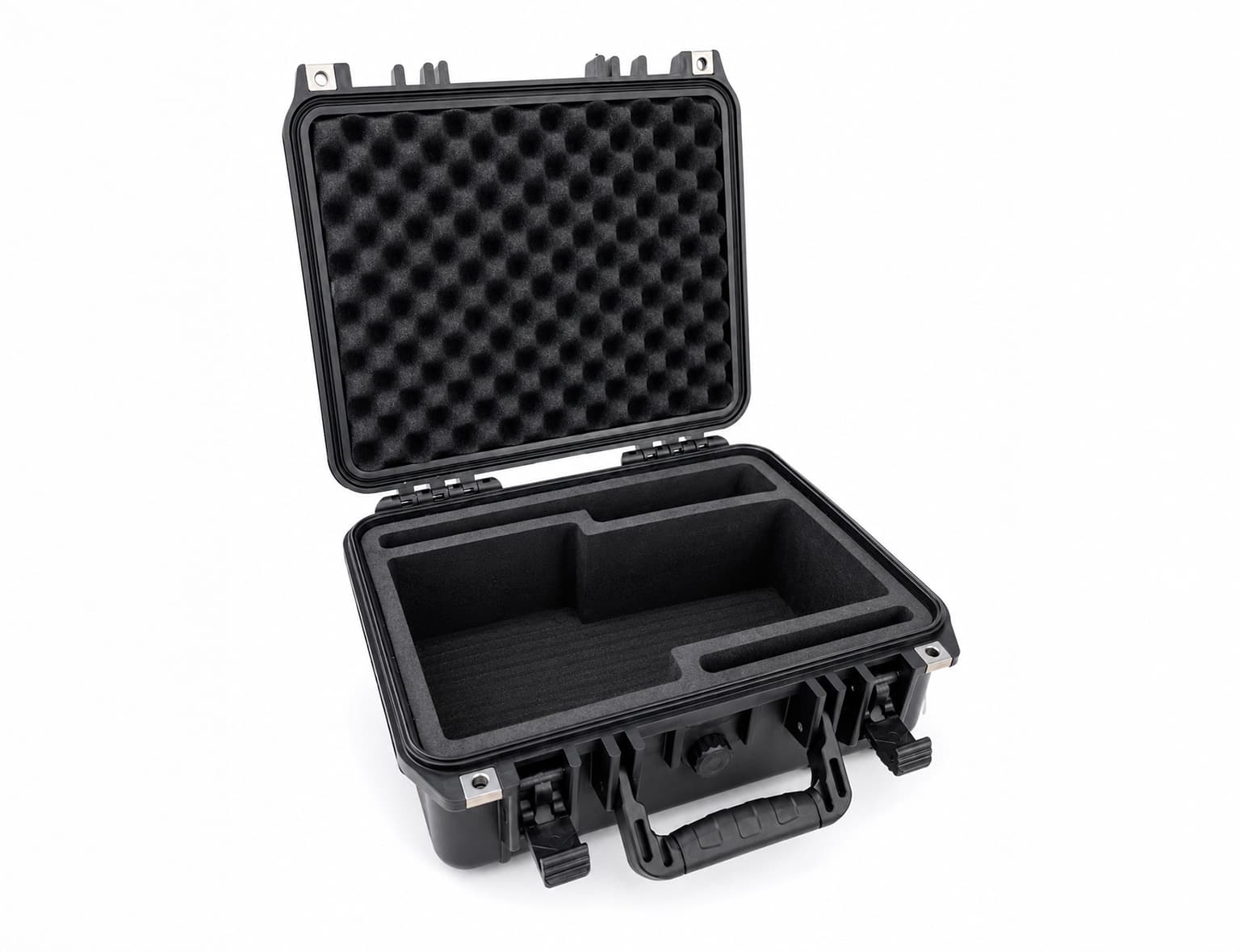 Flightcase open showing the custom-cut foam insert