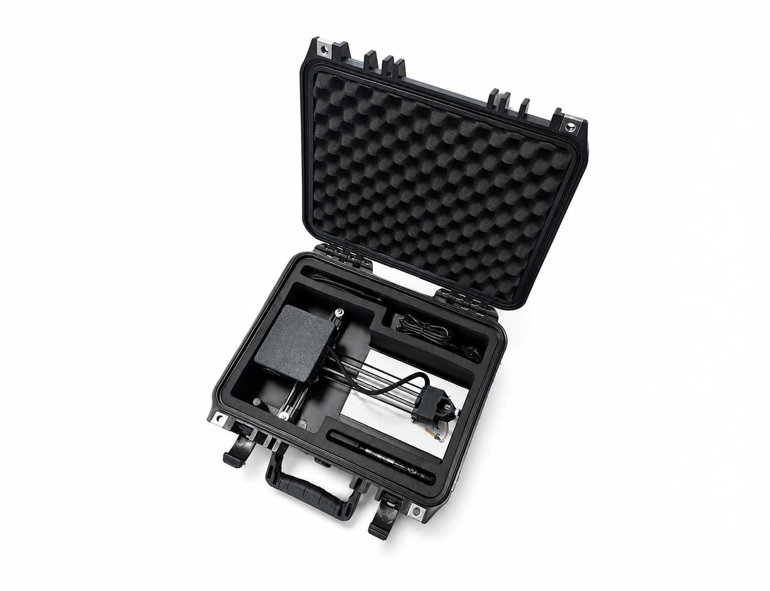 Top view of the Plotterpix, power supply and cables packed in the flightcase