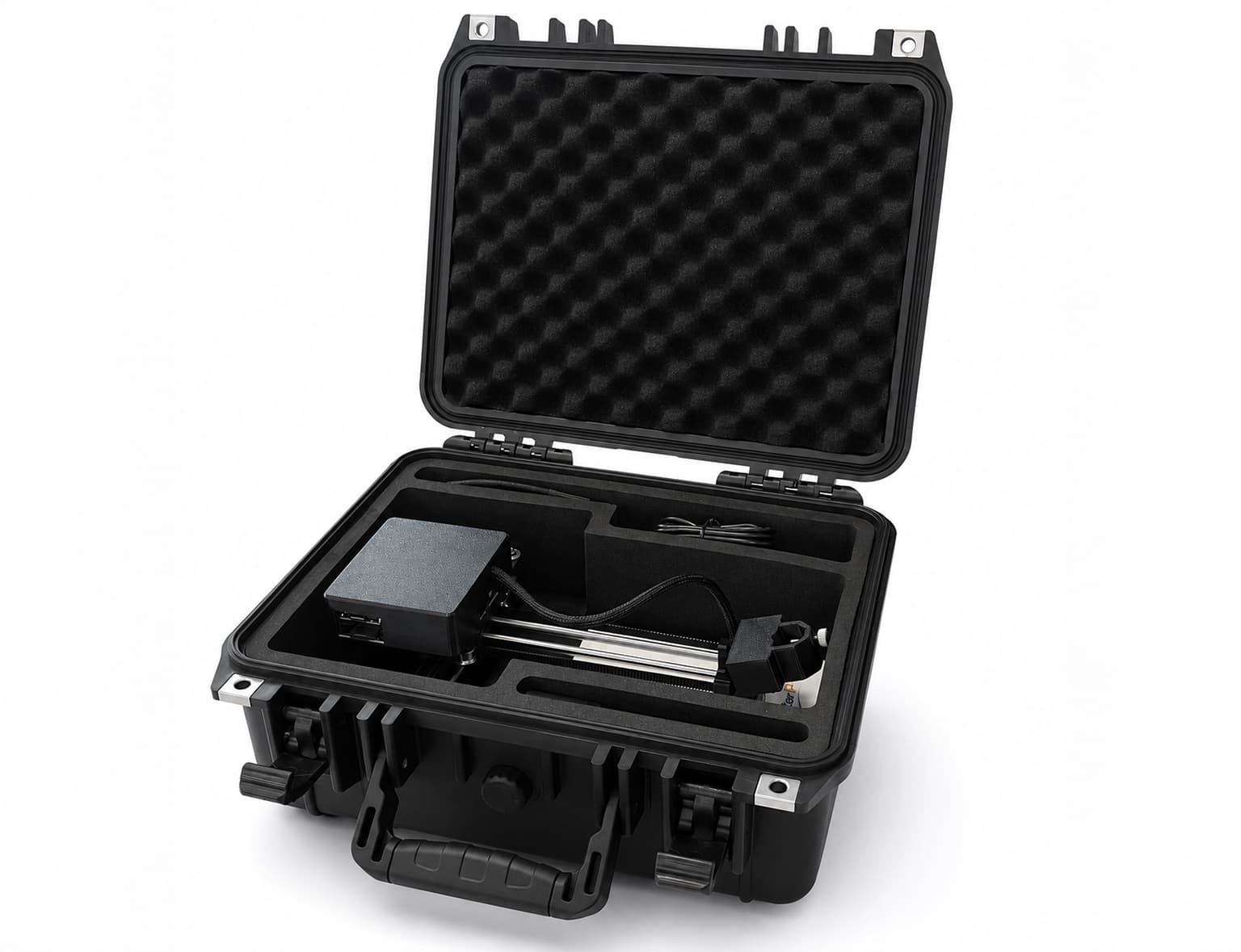 Flightcase open with the Plotterpix packed in its custom foam